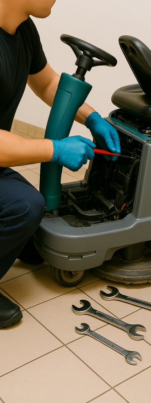 en person som lagar en åkbar städmaskin, ansiktet på personen är inte synligt